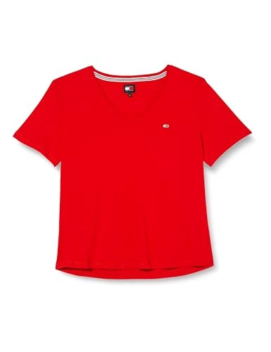 Women Short-sleeve T-shirt Slim V-neck, Red (White / Red), S