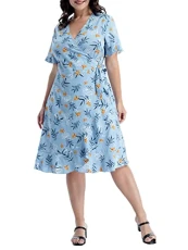 Women Short Sleeve Wrap Floral Mini Dress Ladies Summer V-Neck Tie Waist Loose Fit Sundress Blue L Women Short Sleeve Wrap Floral Mini Dress Ladies Summer V-Neck Tie Waist Loose Fit Sundress Blue L