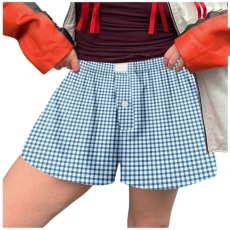Women Shorts Cute Soft Plaid Button Front Pajama Pants Shorts Sleepwear Fleece Shorts Ladies Shorts Women Short, sky blue, XL