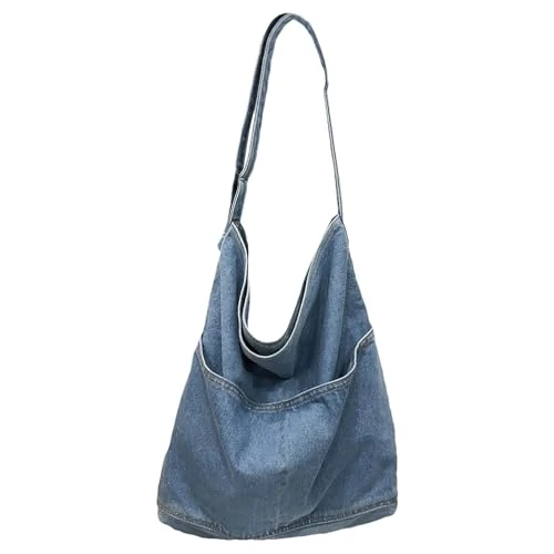 Women Shoulder Bag Denim Crossbody Hobo Tote Casual Purse Light Blue 12.9" L X 5" W X 14.9" H