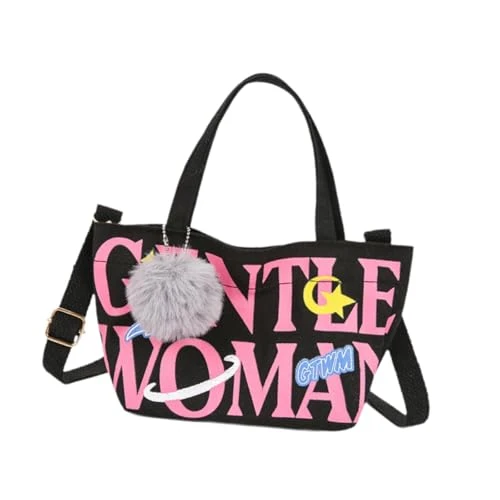 Women Shoulder Bag Elegant Satchel Canvas Handbag for Outdoor Summer Work, Black with Pendant