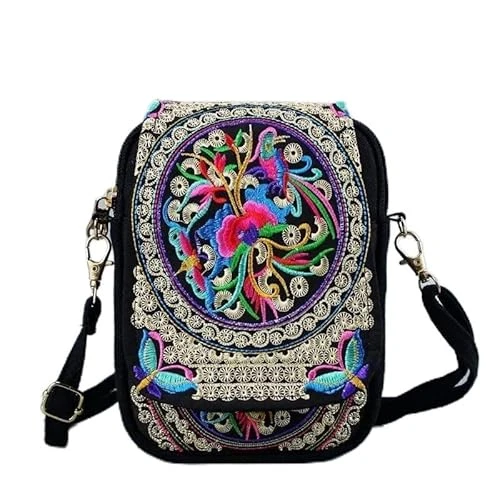 Women Shoulder Bag Travel Pouch Vintage Floral Embroidered Crossbody Zip Bag Embroidered Mobile Phone Bag