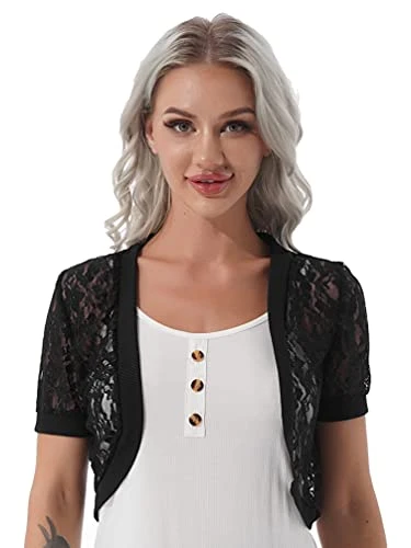 Women Shrug Jacket Lightweight Elegant Lace Short Sleeve Open Front Cropped Bolero Cardigan Top Blac