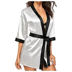 Women Silk Long Sleeve Satin Pajamas Sleepwear Robe With Belt Bathrobe Cotton Lingerie for Women (Grey, S)