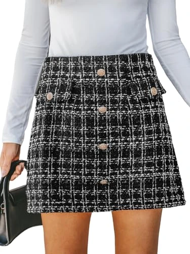 Women Skirt Tweed High Waist A-Line Woven Mock Button Front Mini Skirt Black L