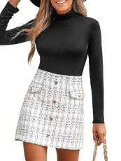 Women Skirt Tweed High Waist A-Line Woven Mock Button Front Mini Skirt White XL