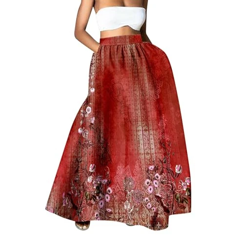 Women Skirt Vintage Floral Print High Waist Skirt High Elastic Pleated A-line Maxi Skirt Summer Big Swing Beach Skirt with Pocket(D Red,M)
