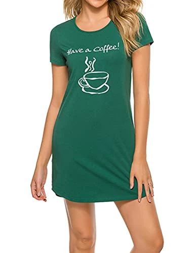 Women Sleep Shirt Dress Casual Loose Soft Home T-Shirt Dress Nightwear Nightgowns Jersey Night Shirt Nightie Sleepwear Loungewear Green S