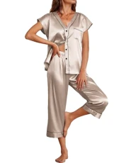 Women Sleepwear Tops with Short Pants Short Sleeve Satin Nightclothes Two Piece Silk Pjs Lounge Set Champagne, XL Women Sleepwear Tops with Short Pants Short Sleeve Satin Nightclothes Two Piece Silk Pjs Lounge Set Champagne, XL