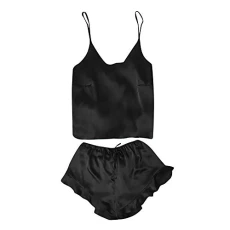 Women Sleeveless Sleepwear Lace Trim Satin Cami Top Pajama Sets Strap Nightwear 2-Piece Sleepwear for Ladies