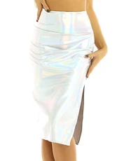 Women Slim Long Holographic High Waist Side Split Midi Pencil Bodycon Sexy Skirt Party Night Club Holographic Silver M