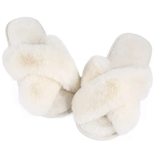 Women Slippers White Fluffy Slippers Memory Foam, Cross Band Furry Open Toe Slippers Cozy Plus