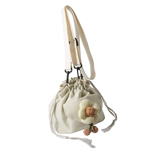 Women Small Canvas Purse Crossbody Bag Ladies Drawstring Bucket Boho Purse Bag, White