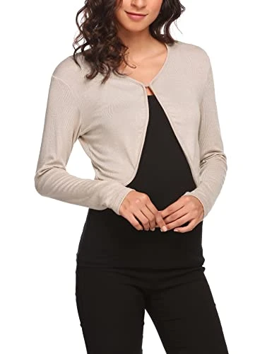 Women Solid Button Down Long Sleeve Cropped Bolero Cardigan Sweater Apricot XXL