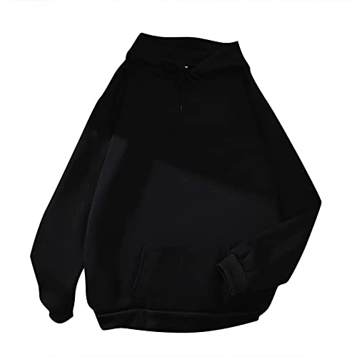 Women Solid Colour Basic Hoodie Drop Shoulder Long-Sleeved Hooded Sweater for Ladies UK O Neck Daily Loose Jumper Casual Comfy Jumper for Outdoor Hiking Soft Blouse with Pocket Thin Coat Top