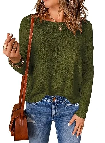 Women Solid Jumpers Women's O Neck Long Sleeve Knitted Sweater Lightweight Loose Ladies Pullover Knit Top for Women A Green M