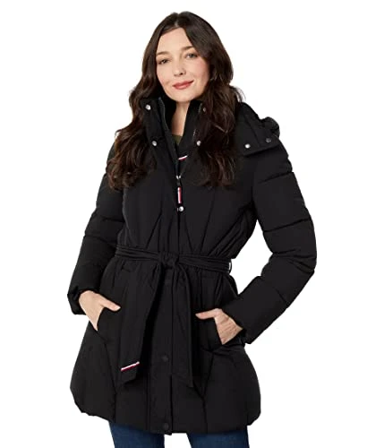 Women Solid Long Puffer Hooded Self Tie Belt Jacket, Black, Medium