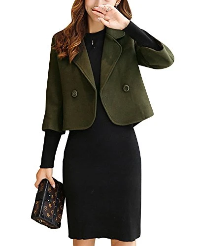 Women Solid Slim Short Section Woolen Blend Coat Double Breasted 3/4 Sleeves Outerwear Green M