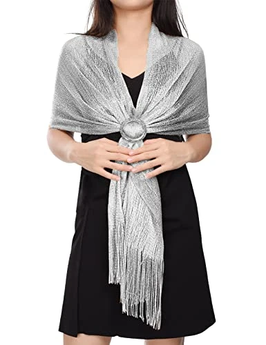 Women Sparkling Shawls and Wraps Silver Shawl Metallic Scarf for Bridal Bridesmaid Wedding Evening Party Formal Ball, silver, One size