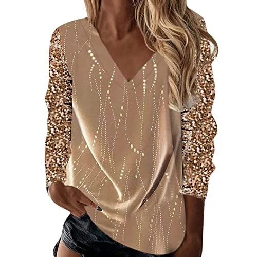 Women Sparkly Sequin Printed Top Shirt Loose V Neck Long Sleeve Blouse Fashion Casual T Shirt Tops W