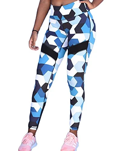 Women Sports Gym Yoga Workout High Waist Running Pants Fitness Elastic Leggings Geometric Pattern Printing Tight Pants XL