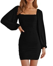 Women Square Neck Lantern Long Sleeve Mesh Ruched Bodycon Clubwear Mini Dress, Black, Medium Women Square Neck Lantern Long Sleeve Mesh Ruched Bodycon Clubwear Mini Dress, Black, Medium