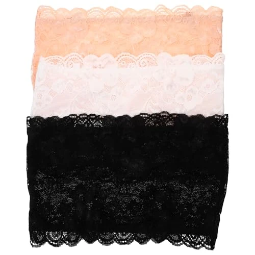 Women Strapless Bandeau Bra Floral Lace Padded See Through Tube Top with Bra-XL 3Pcs