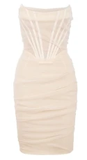 Women Strapless Midi Dress Elegant Fish Bone Bodycon Dress Ruched Wrap Club Cocktail Dress A-White L
