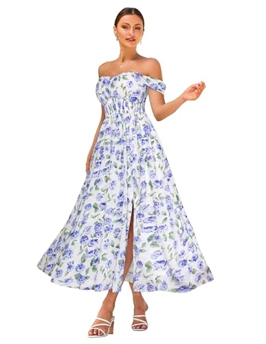 Women Strappy Beach Dress Off-Shoulder Chiffon A Line Smocked Maxi Dress for Summer Blue