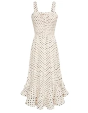 Women Strappy Beige Polka Dots Beach Dress Square Neck Chiffon A Line Smocked Maxi Dress for Summer M Women Strappy Beige Polka Dots Beach Dress Square Neck Chiffon A Line Smocked Maxi Dress for Summer M