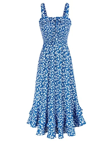 Women Strappy Floral Beach Boho Dress Square Neck A Line Smocked Maxi Dress for Summer Blue Floral M