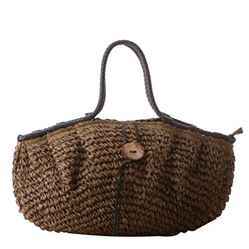 Women Straw Shoulder Bags Zip Handbags Summer Holiday Beach Tote Bgas (Brown)