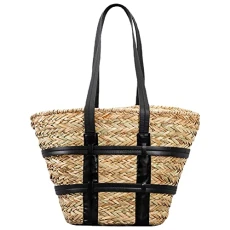 Women Straw Woven Large Tote Bag Beach Handmade Weaving Shoulder Handbag Purse Black