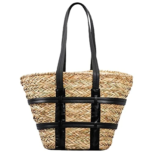 Women Straw Woven Large Tote Bag Beach Handmade Weaving Shoulder Handbag Purse Black