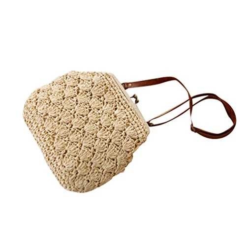 Women Straw Woven Shoulder Bag Leisure Beach Messenger Crossbody Shell Bags (Beige, one Size)