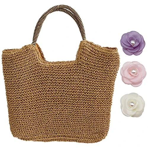 Women Straw Woven Tote Bag Handmade Weaving Shoulder Beach Handbag Camel