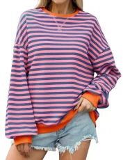 Women Striped Oversized Sweatshirt Long Sleeve Y2K Crewneck Shirt Top Color Block Fall Pullover Casual Loose Sweater, Pink and Blue Stripes, M Women Striped Oversized Sweatshirt Long Sleeve Y2K Crewneck Shirt Top Color Block Fall Pullover Casual Loose Sweater, Pink and Blue Stripes, M