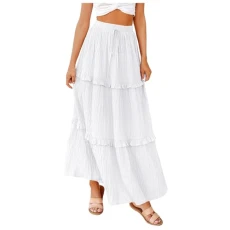 Women Summer Boho Maxi Skirt Ruched Elastic High Waist Casual Party Holiday Ruffle Flowy Swing Tiere