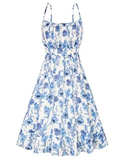 Women Summer Casual Floral Midi Dresses Smock Strappy A Line Chiffon Boho Dress Square Neck Blue Floral S