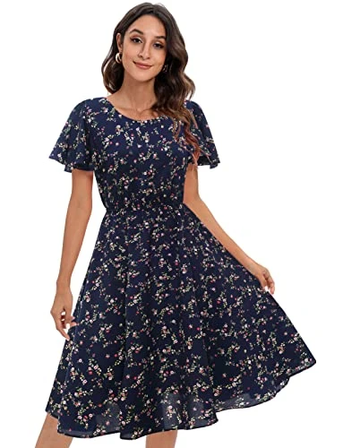 Women Summer Dress Floral Short Sleeve Ladies Casual Swing Midi Dress Short Sleeve Formal A LineTea Party Dresses Navy Flower M