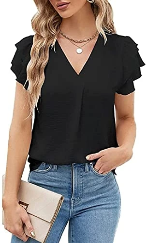 Women Summer Dressy Chiffon Blouses V Neck Ruffle Short Sleeve T Shirt Tops Black