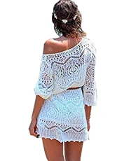 Women Summer Elegant Bohemia Lace Crochet Hollow Mini Dress One-Shoulder Bikini Cover Up Sexy White Gown Blouse Beach Vacation White UK 14