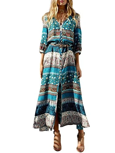 Women Summer Elegant Vintage Boho V-Neck 3/4 Sleeve Floral Print Split Maxi Long Dress Cocktail Party Beach Green UK 14