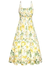 Women Summer Floral Midi Cami Dress Sleeveless Chiffon A Line Strappy Ruched Beach Dress Yellow Flowers L - Yellow&green Floral