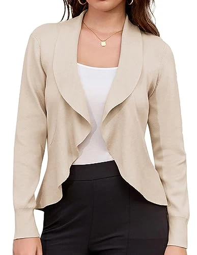 Women Summer Lightweight Cardiagns Shawl Open Front Long Sleeve Knitwear Beige Cardigan Sweater L