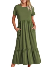 Women Summer Maxi Dress Casual Short Sleeve Crew Neck Swing Flowy Dress Tiered Beach Dress Ladies Sundress Outfits with Pockets Army Green Women Summer Maxi Dress Casual Short Sleeve Crew Neck Swing Flowy Dress Tiered Beach Dress Ladies Sundress Outfits with Pockets Army Green