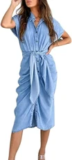 Women Summer Ruched Bodycon Midi Denim Dress Tie Belted Button-Down Party Jean Shirt Dress Light Blue