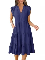 Women Summer Ruffle Sleeve V Neck Midi Dress Fashion Casual Fit Flowy Beach Vacation Sundress, Blue, Medium Women Summer Ruffle Sleeve V Neck Midi Dress Fashion Casual Fit Flowy Beach Vacation Sundress, Blue, Medium