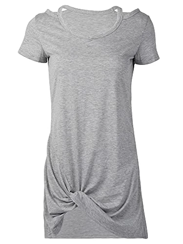 Women Summer T Shirt Dresses Solid Short Sleeve Twist Knot Ruched Loose Fit Cold Shoulder Short Dress Tunic Top Grey S
