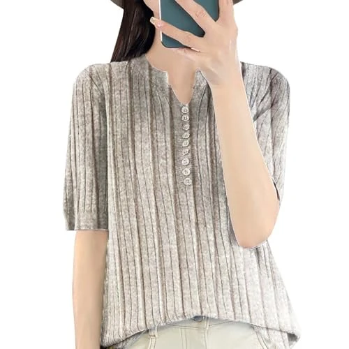 Women Sweater Button Down Short Sleeve Cardigans for Women V Neck Stripe Knitwears Slim Fit Pullovers Thin Knit Tops Bottoming Shirts Summer Fitted Womens Business Casual Tops(A1 Brown,XL)